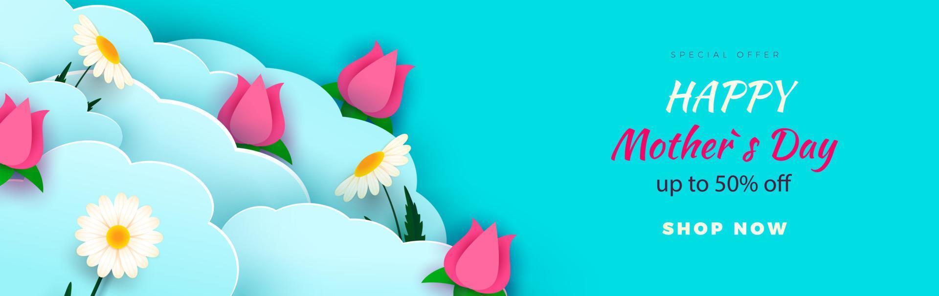 Happy Mother s Day sale header or voucher template. Roses, daisies and paper-cut clouds. Horizontal banner with blue sky and flowers.Discounts for the holiday Vector illustration