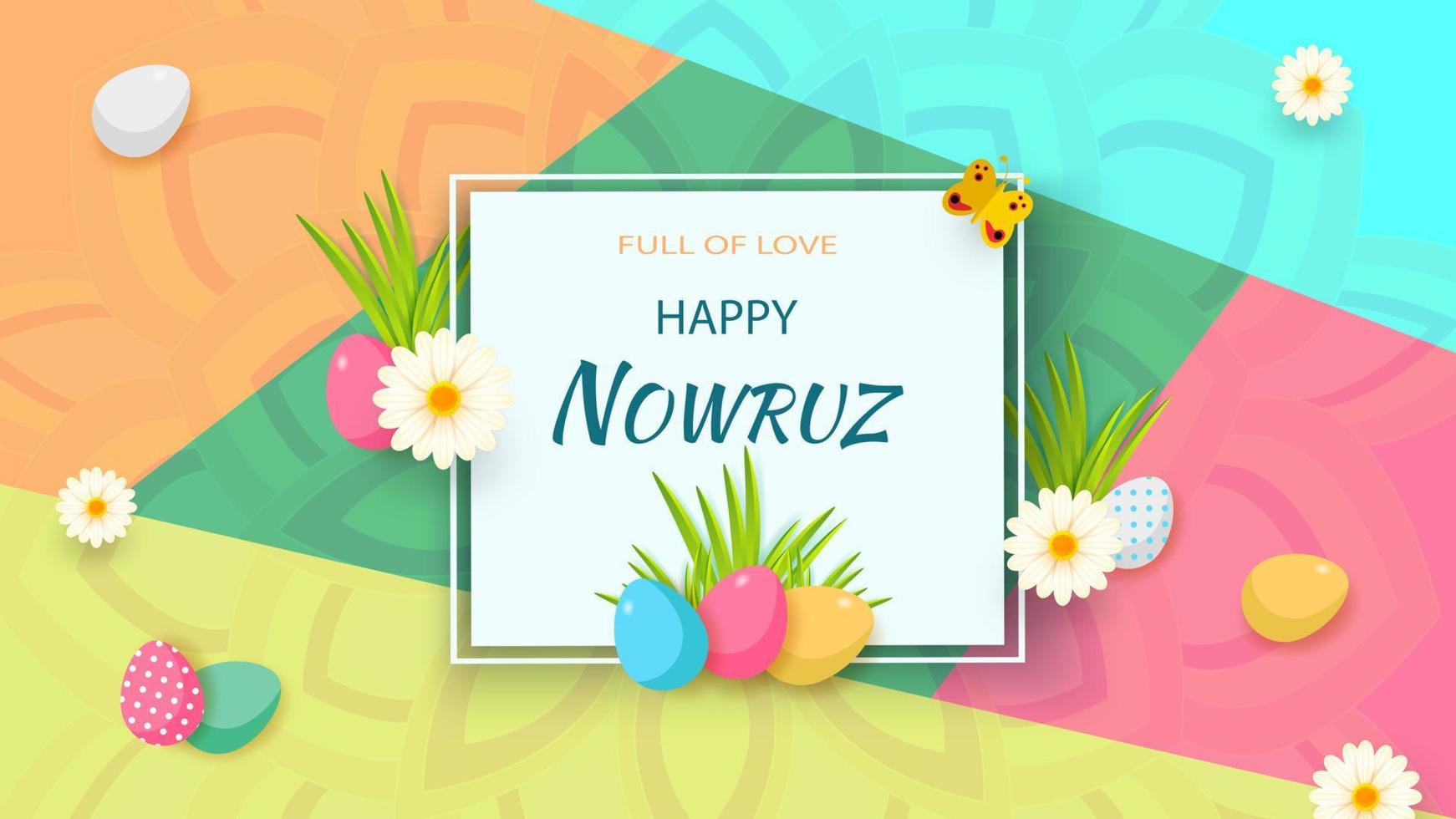 tarjeta de felicitación con vacaciones novruz. plantilla de fondo novruz bayram. flores de primavera, huevos pintados y brotes de trigo.ilustración vectorial. vector