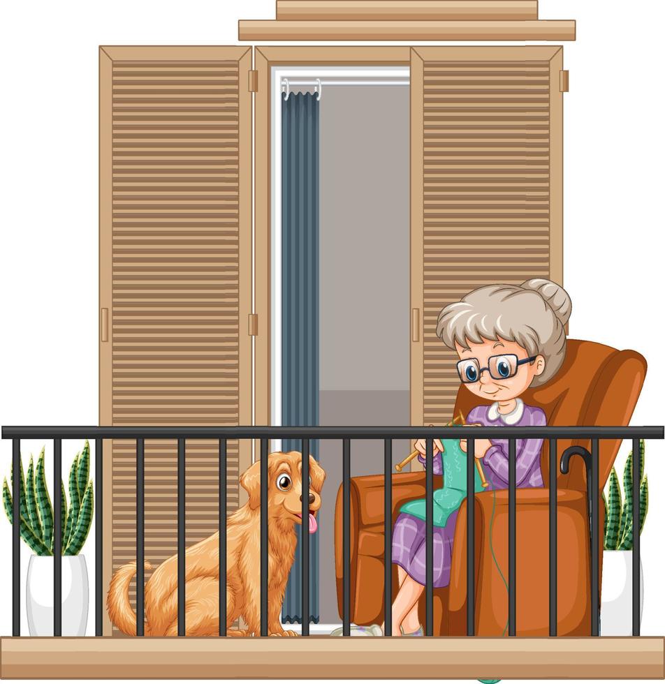 Old woman knitting on the balcony vector