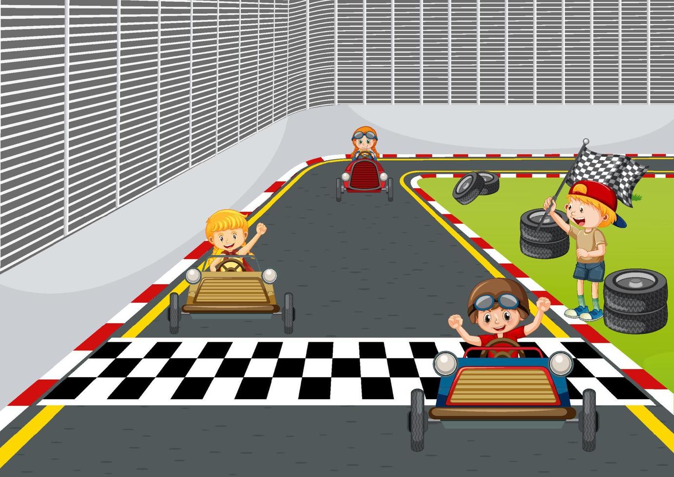 Soapbox derby scene with children racing car vector