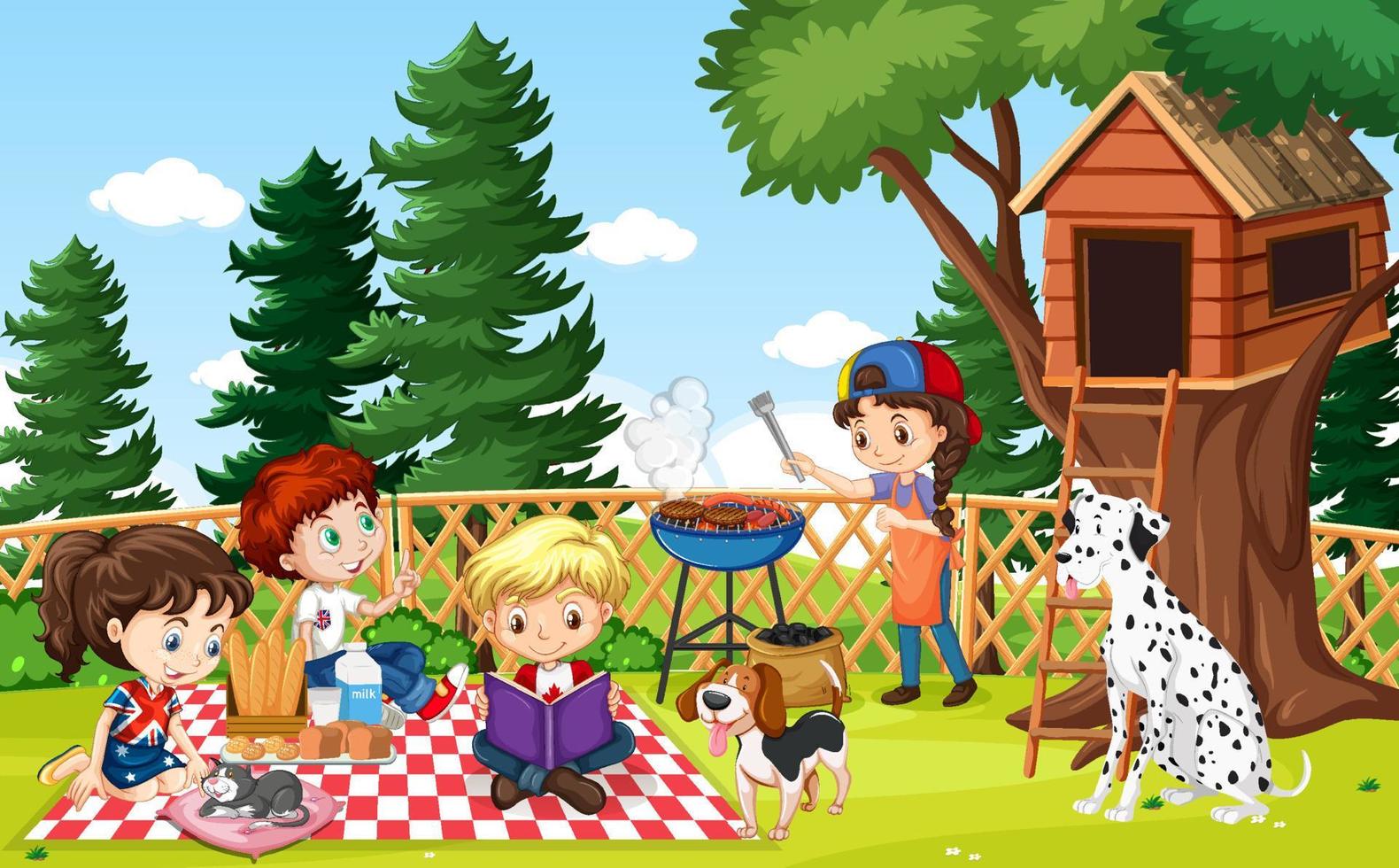 Scene of backyard with kids and fence vector