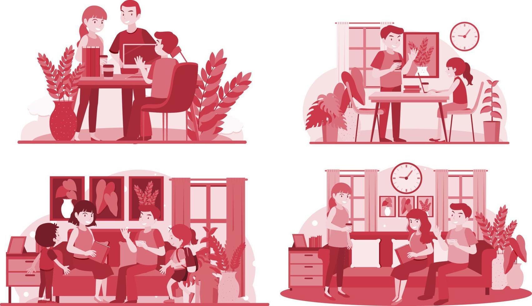 Four scenes of people working at home vector