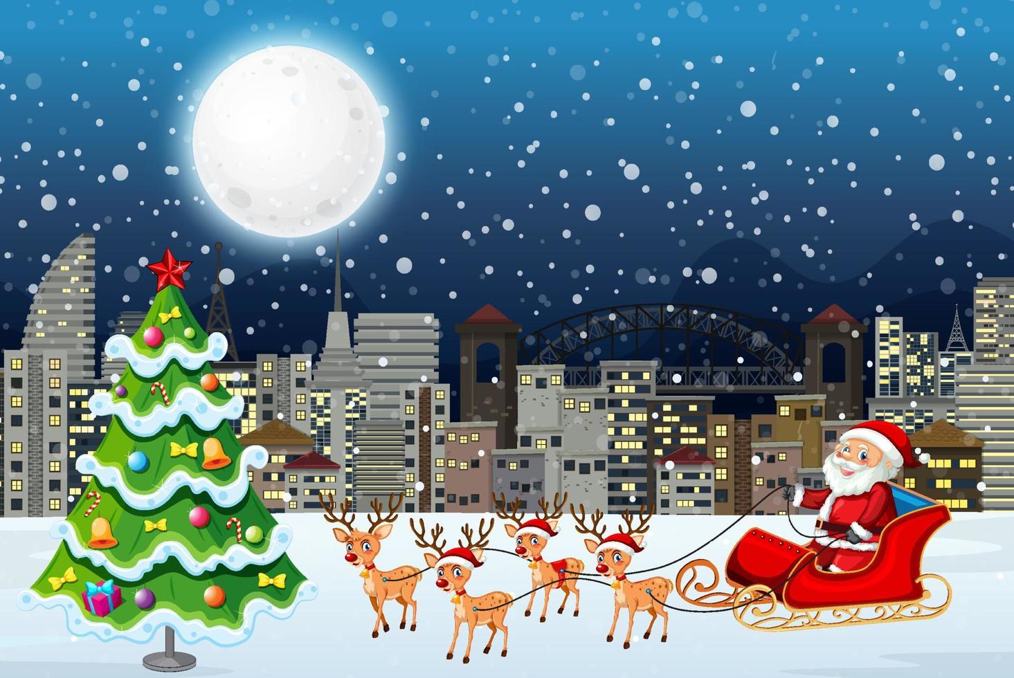 Snowy Christmas night with Santa Claus on sleigh vector