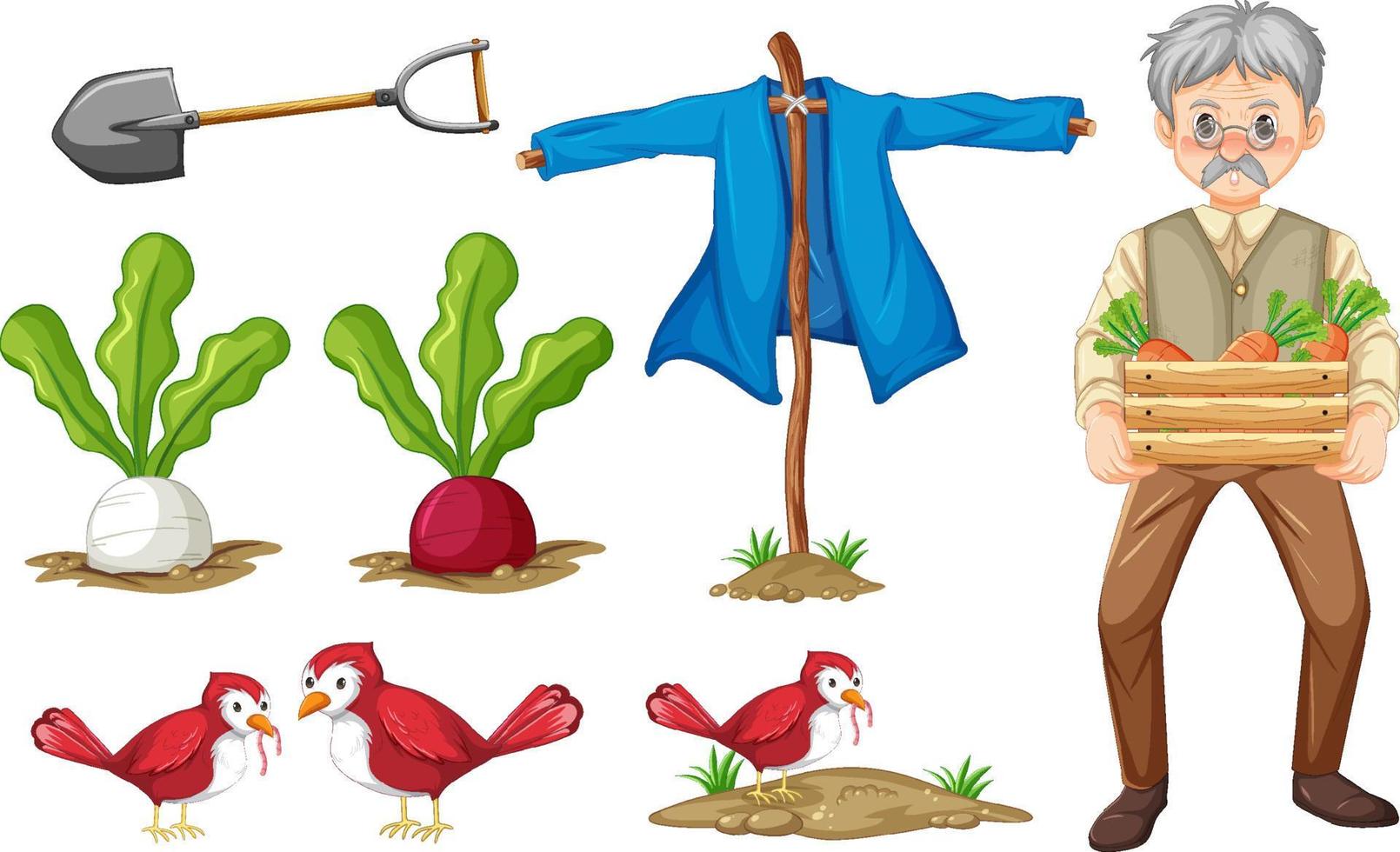 Set of farm objects and farmer cartoon character vector