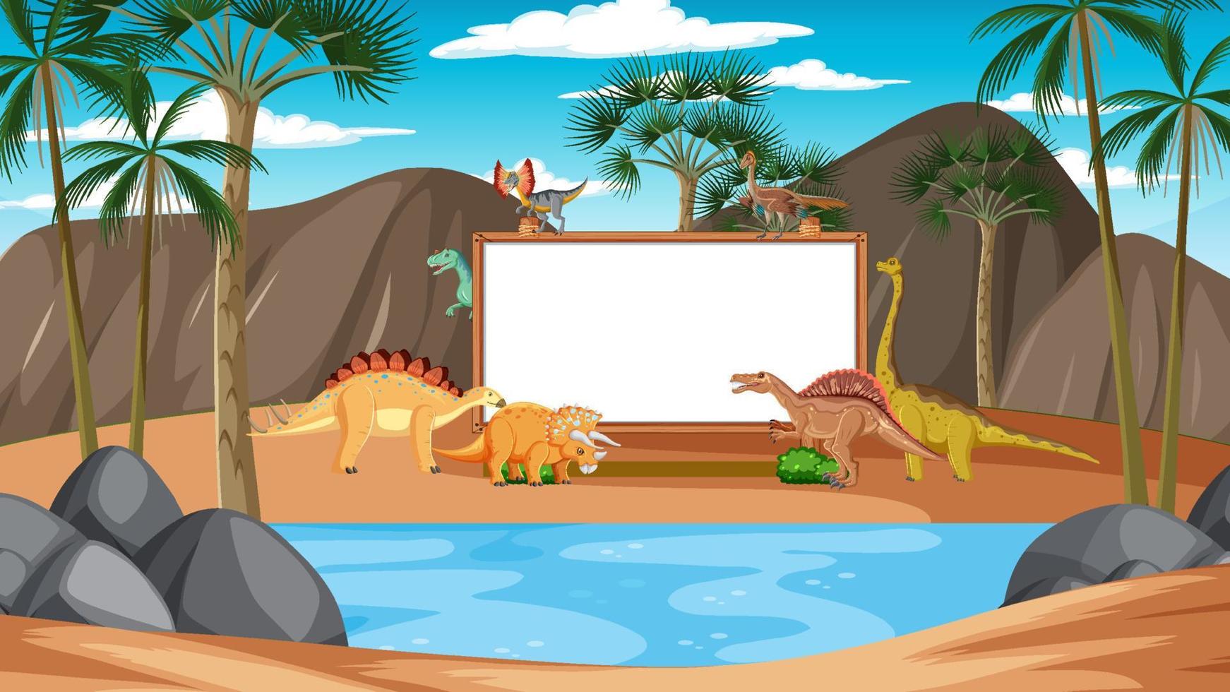 escena con dinosaurios y pizarra en el bosque vector