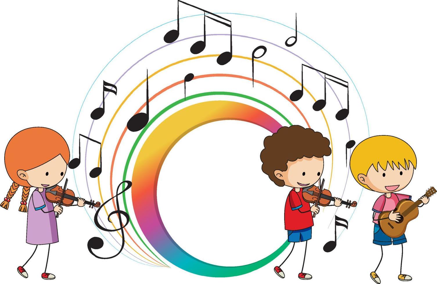 niños tocando instrumentos musicales y pancartas notas musicales coloridas vector