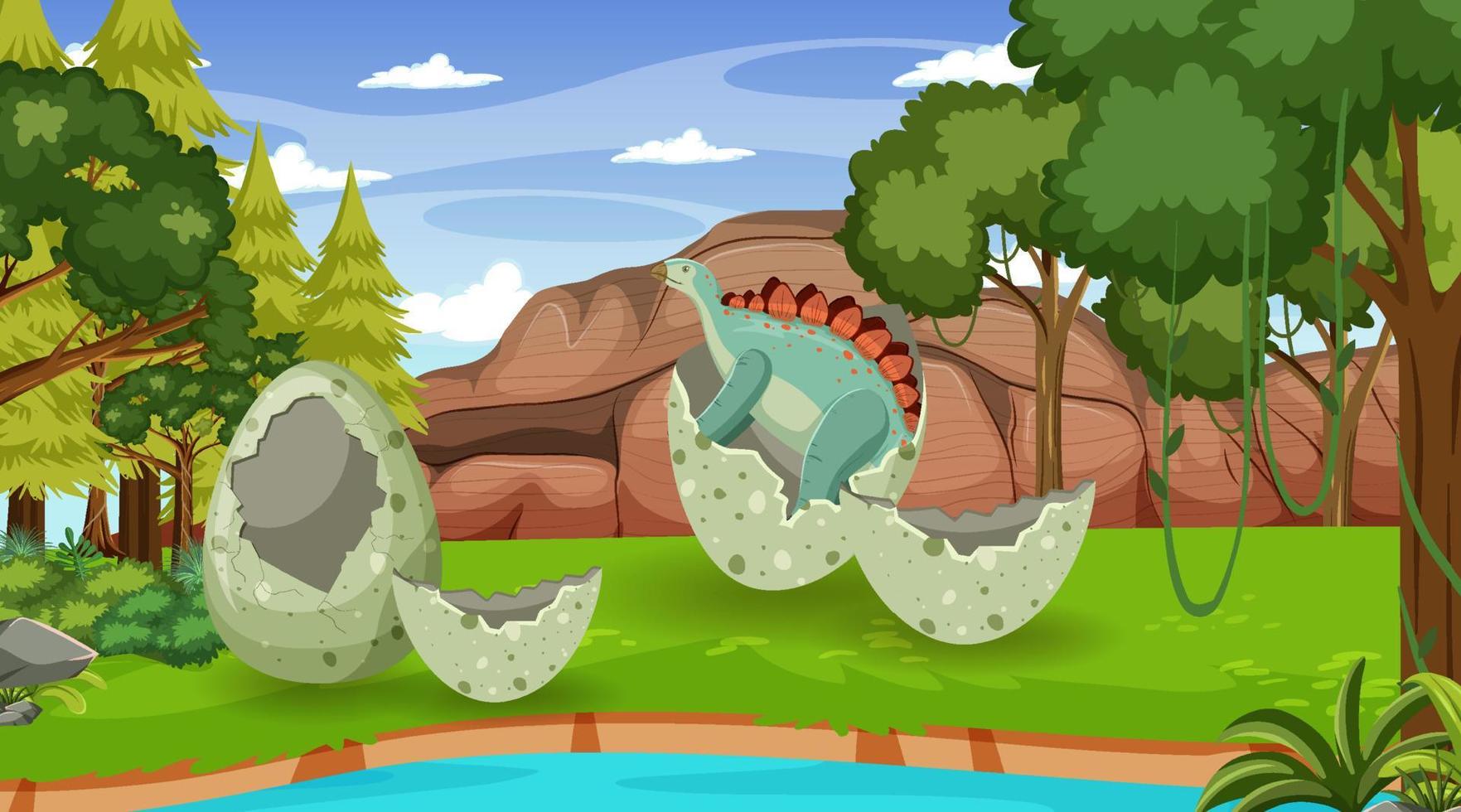 dinosaurio en la escena del bosque prehistórico vector