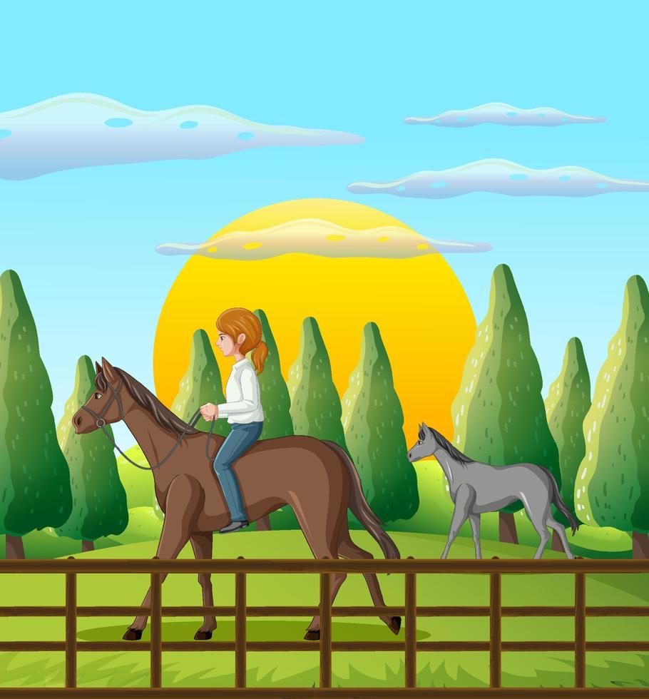 una niña montando un caballo en la escena de la granja vector