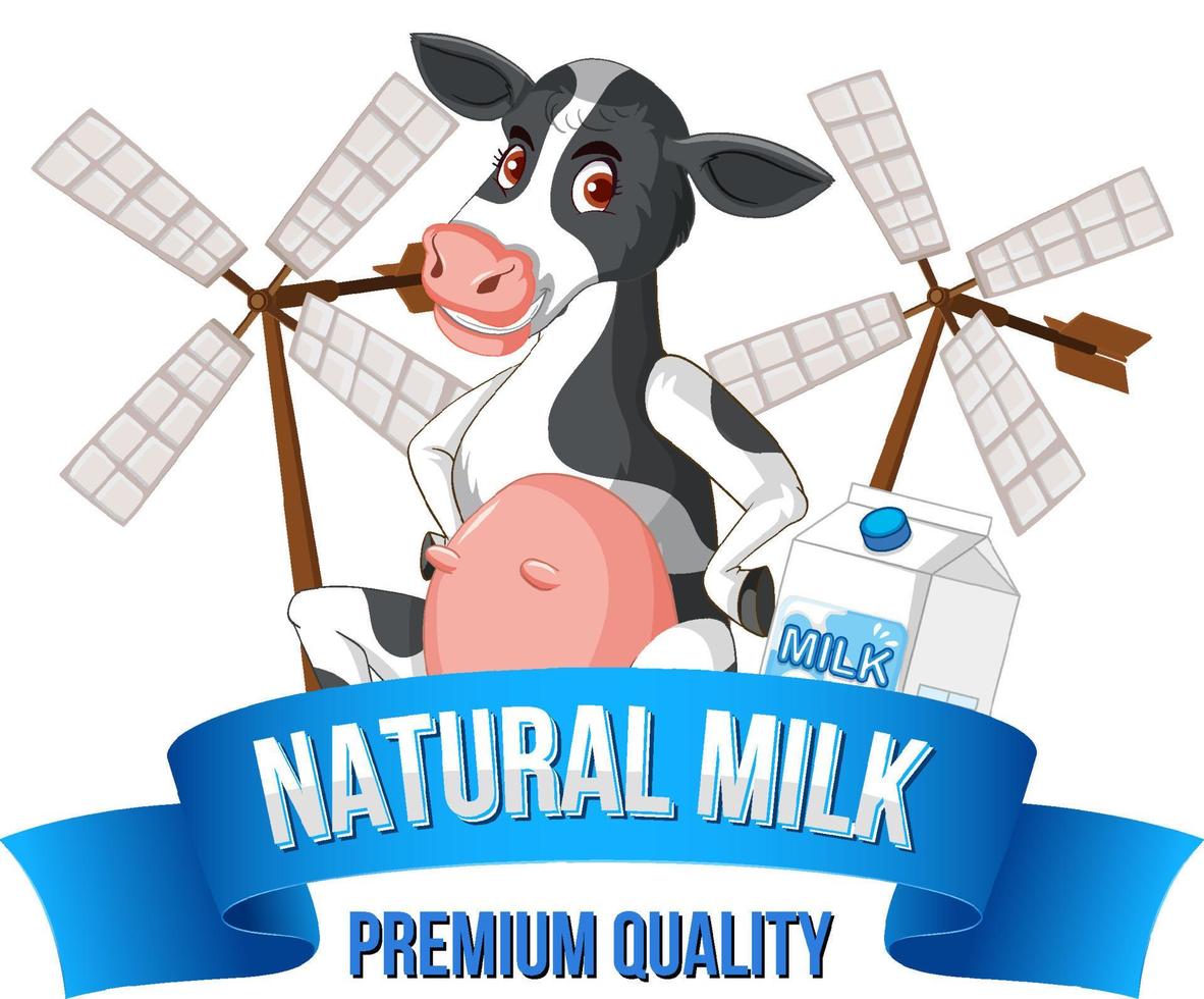 una vaca con una etiqueta de leche natural vector