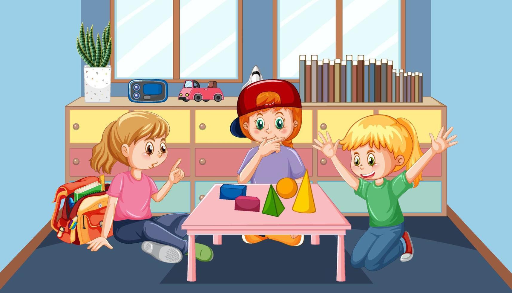 niños felices jugando rompecabezas en la habitación de los niños vector