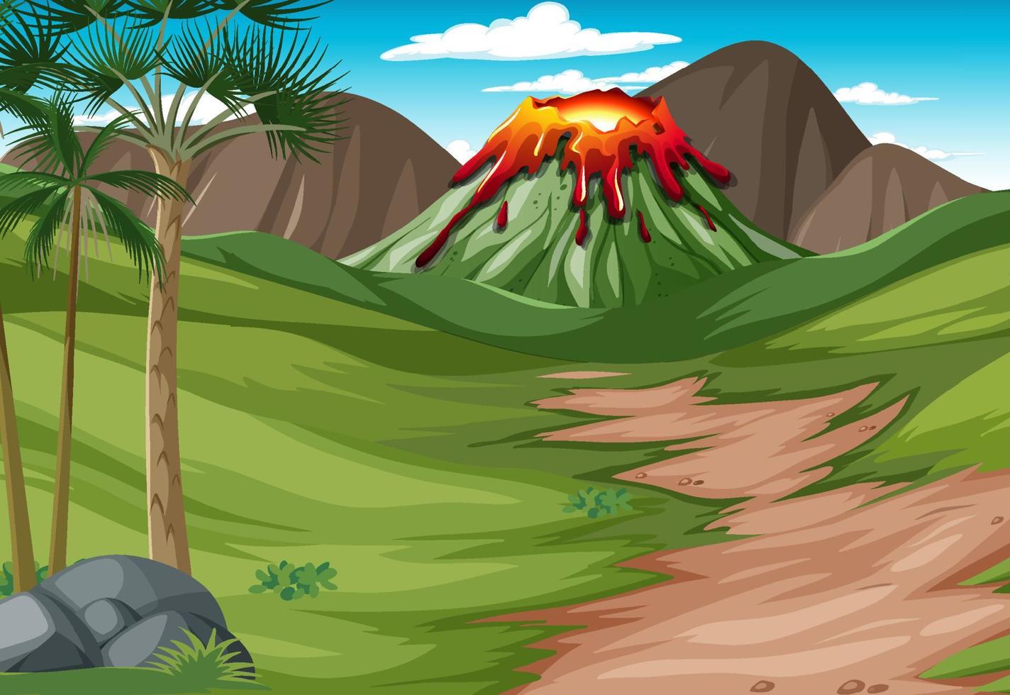 escena con erupción volcánica en el bosque vector