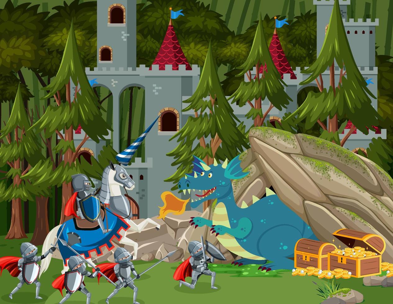 Medieval warriors fighting with ancient dragon vector