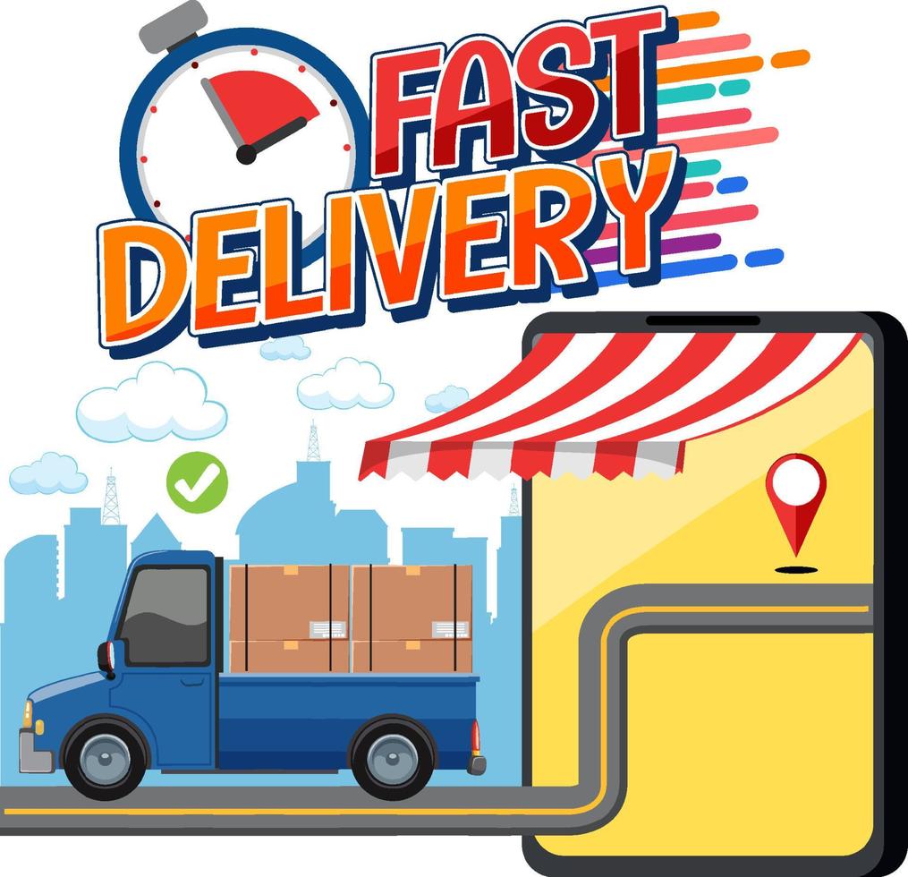 Fast Delivery logotype with pickup car and smartphone vector