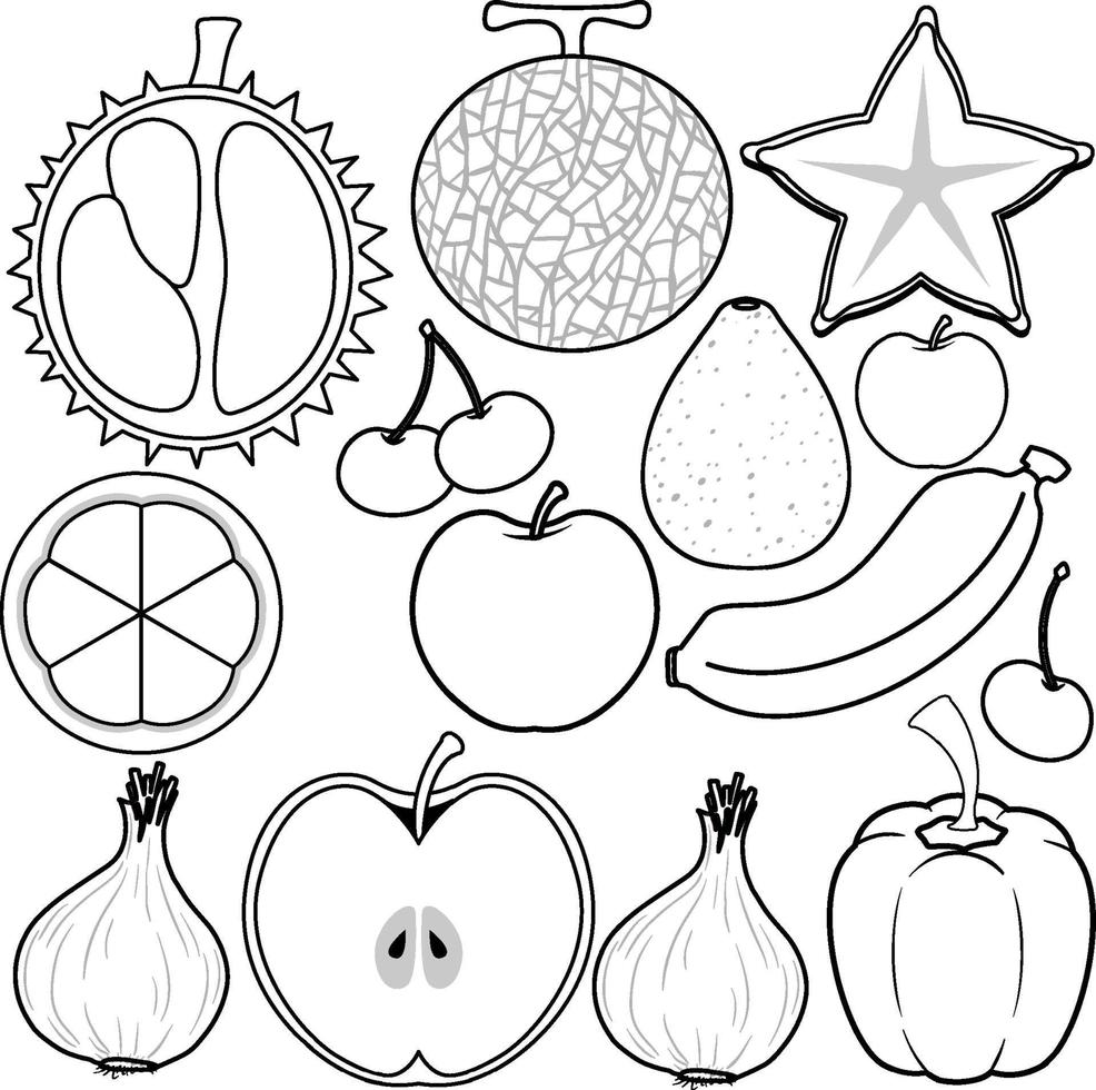 contorno de doodle de frutas y verduras vector