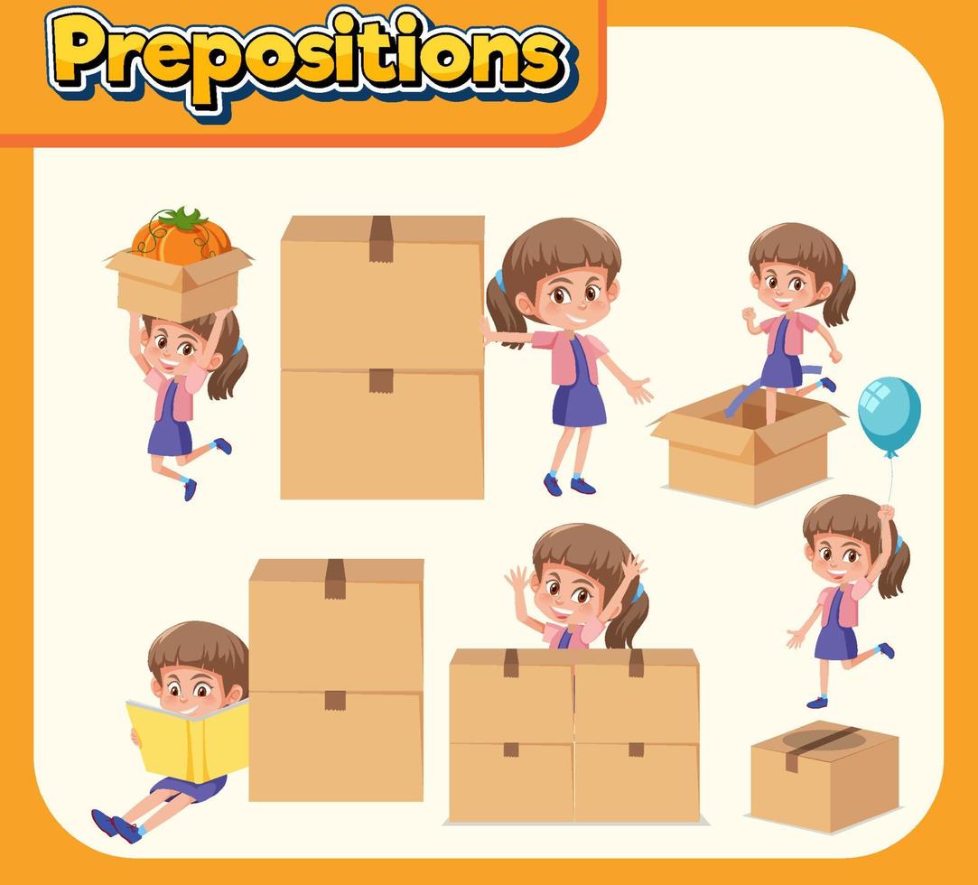 wordcard de preposición con niña y caja vector