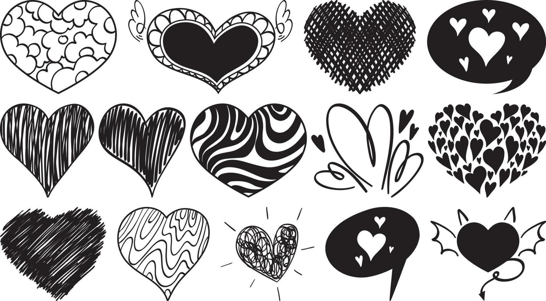 Black hand drawn hearts set vector