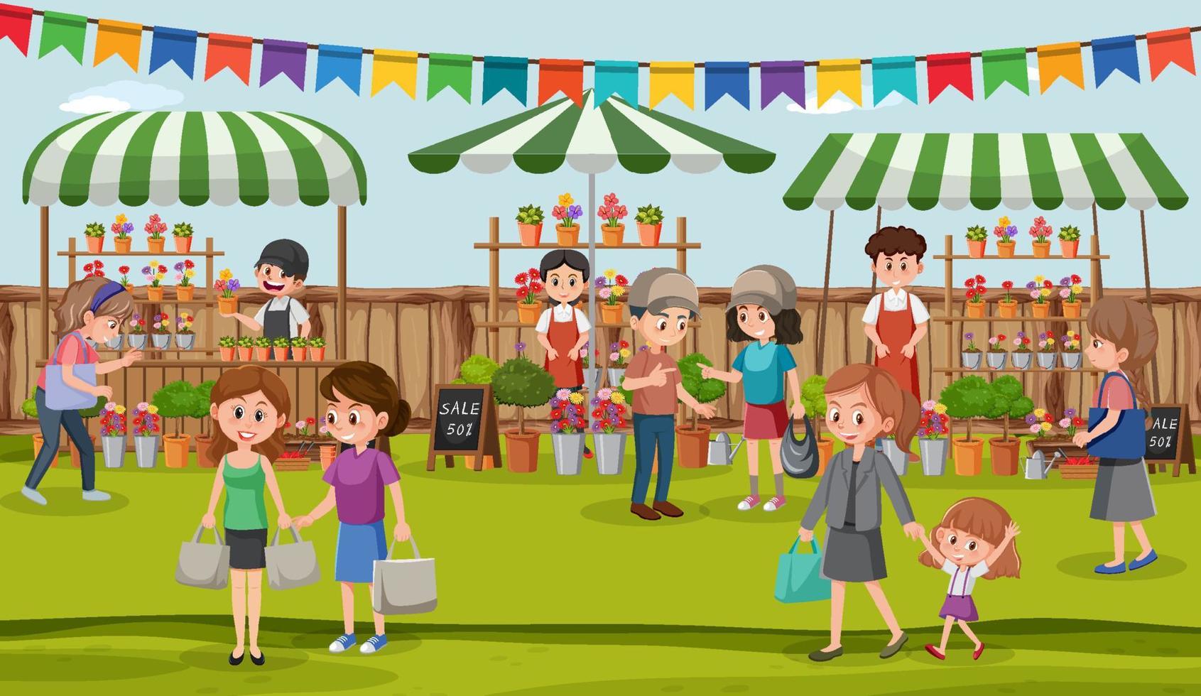 Flea market scene in cartoon style vector