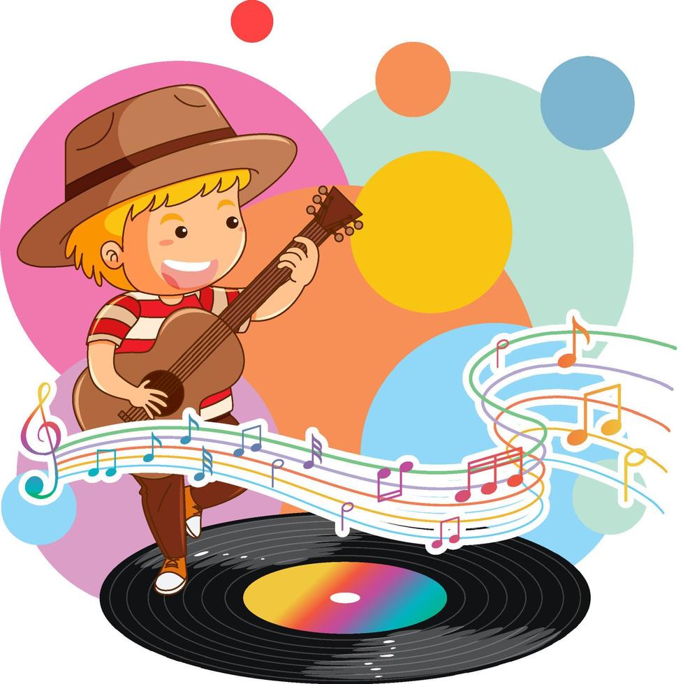 A little boy playing guitar with music notes on white background vector