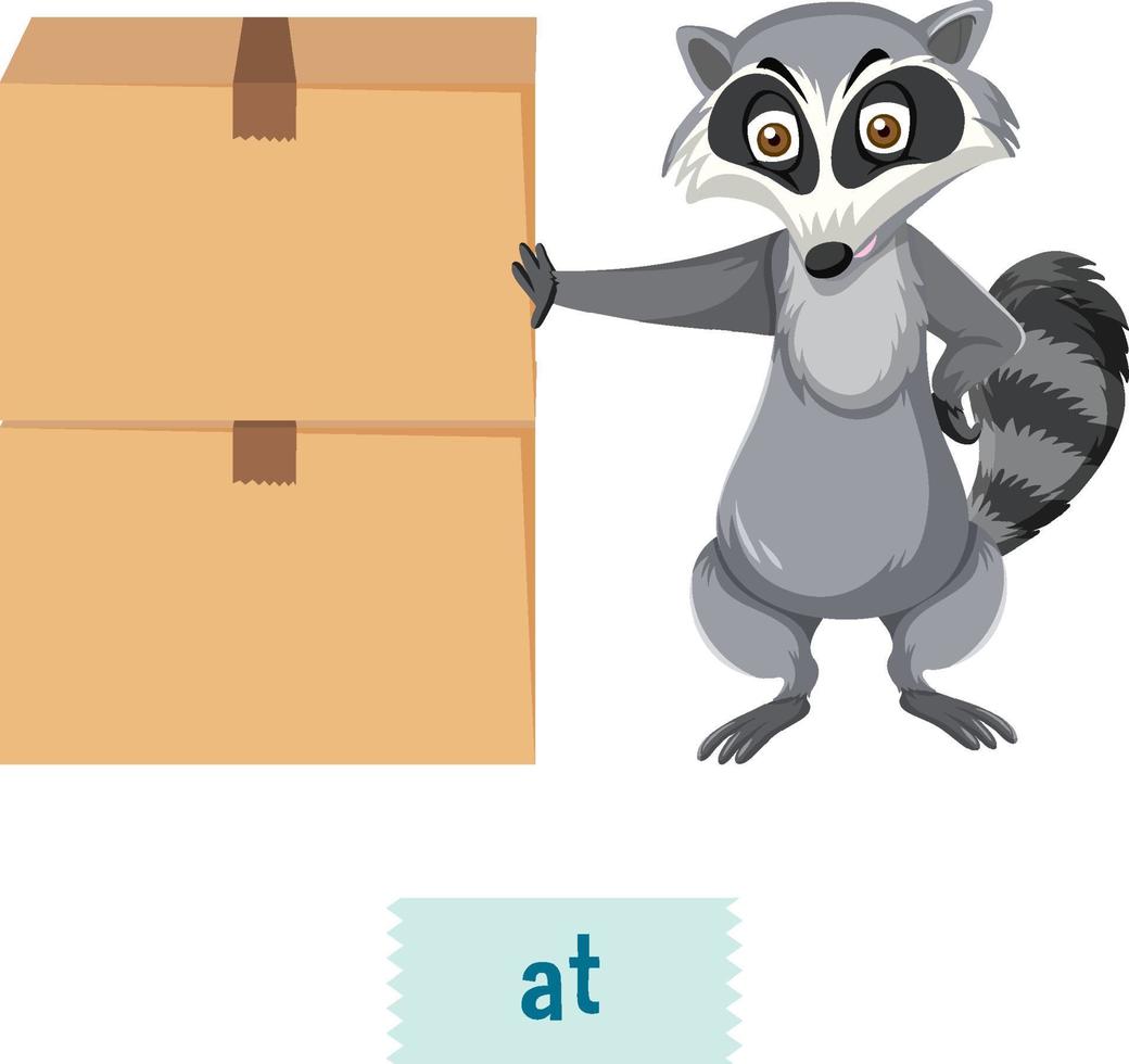 English prepositions, raccoons stand at the boxes vector