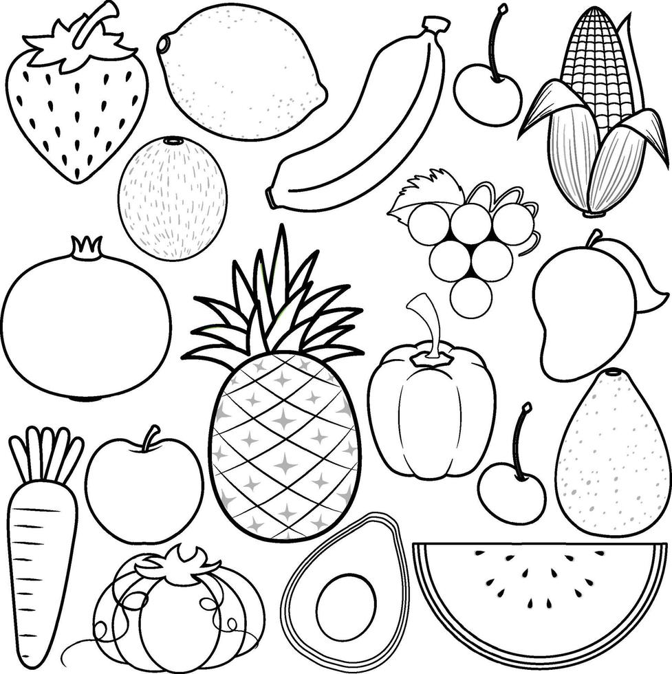 contorno de doodle de frutas y verduras vector
