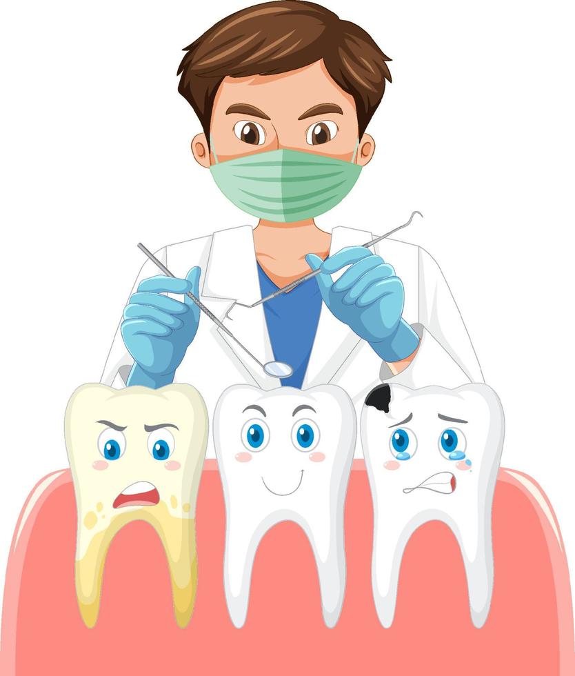 Dentist holding instruments and examining teeth on white background vector