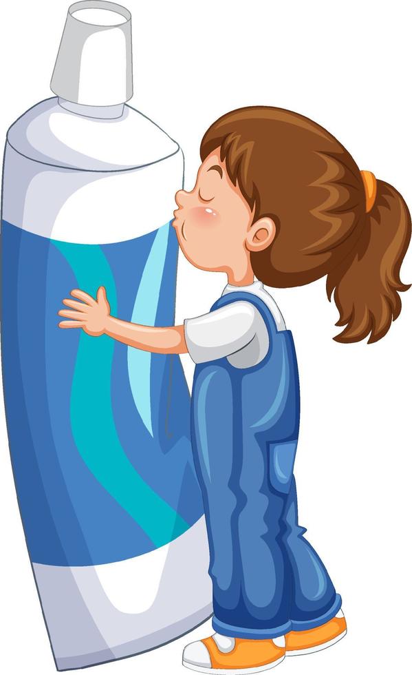 A little girl holding toothpaste on white background vector