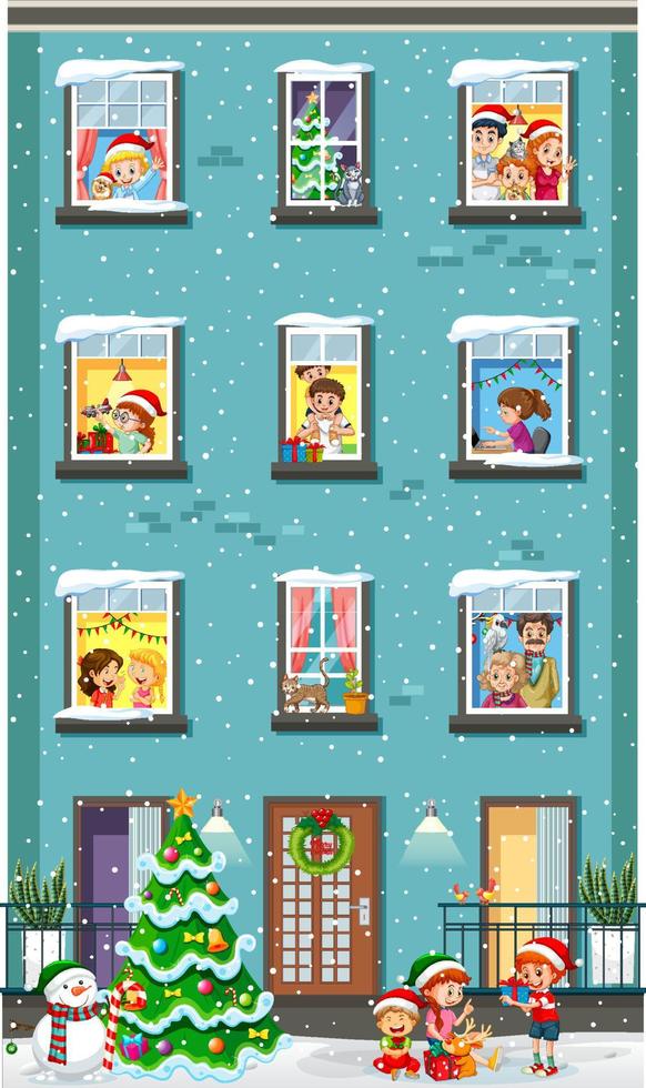 Apartment windows with neighbors cartoon character vector