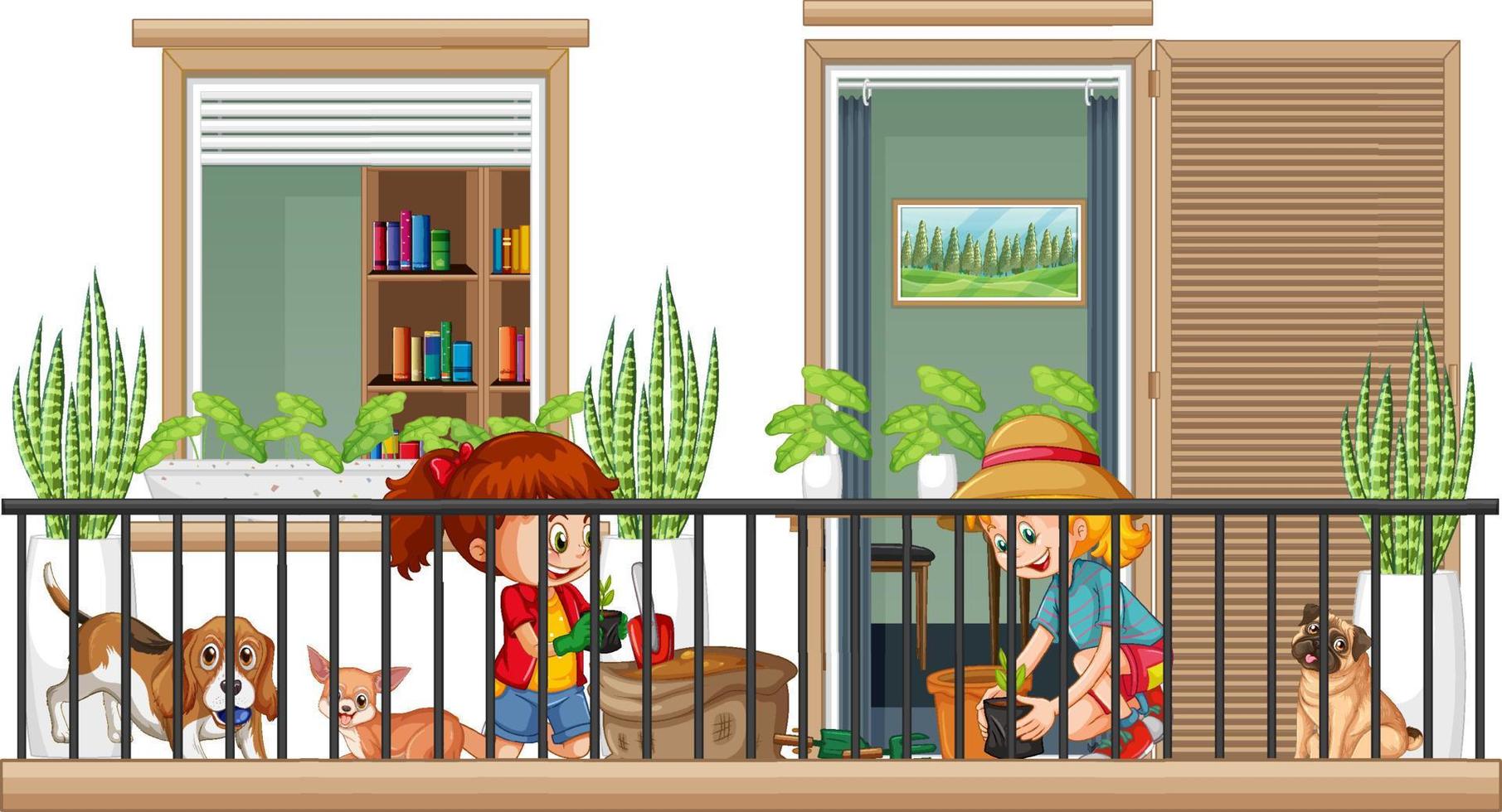 Balcony scene with cartoon characters vector