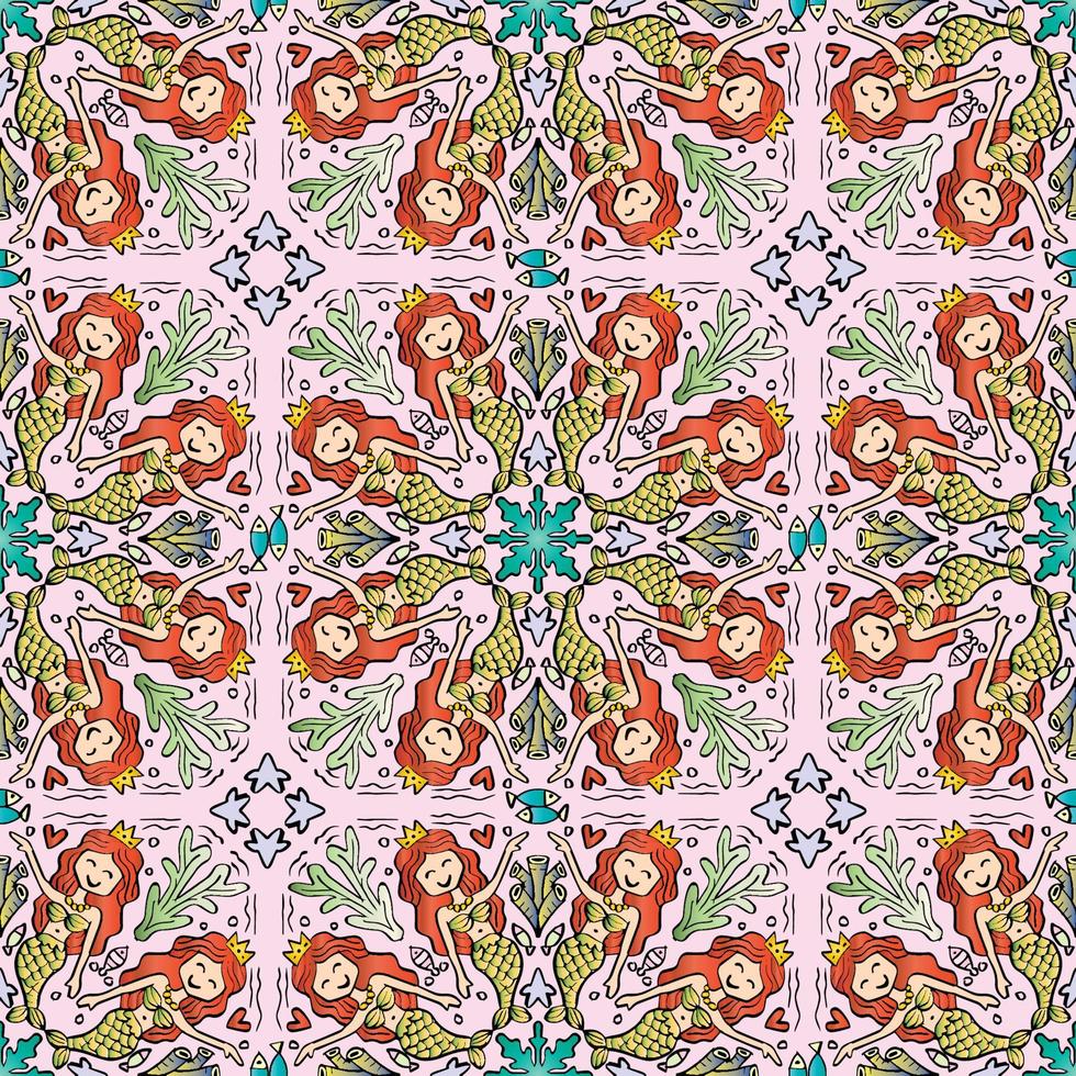 Seamless pattern with cute mermaid vector