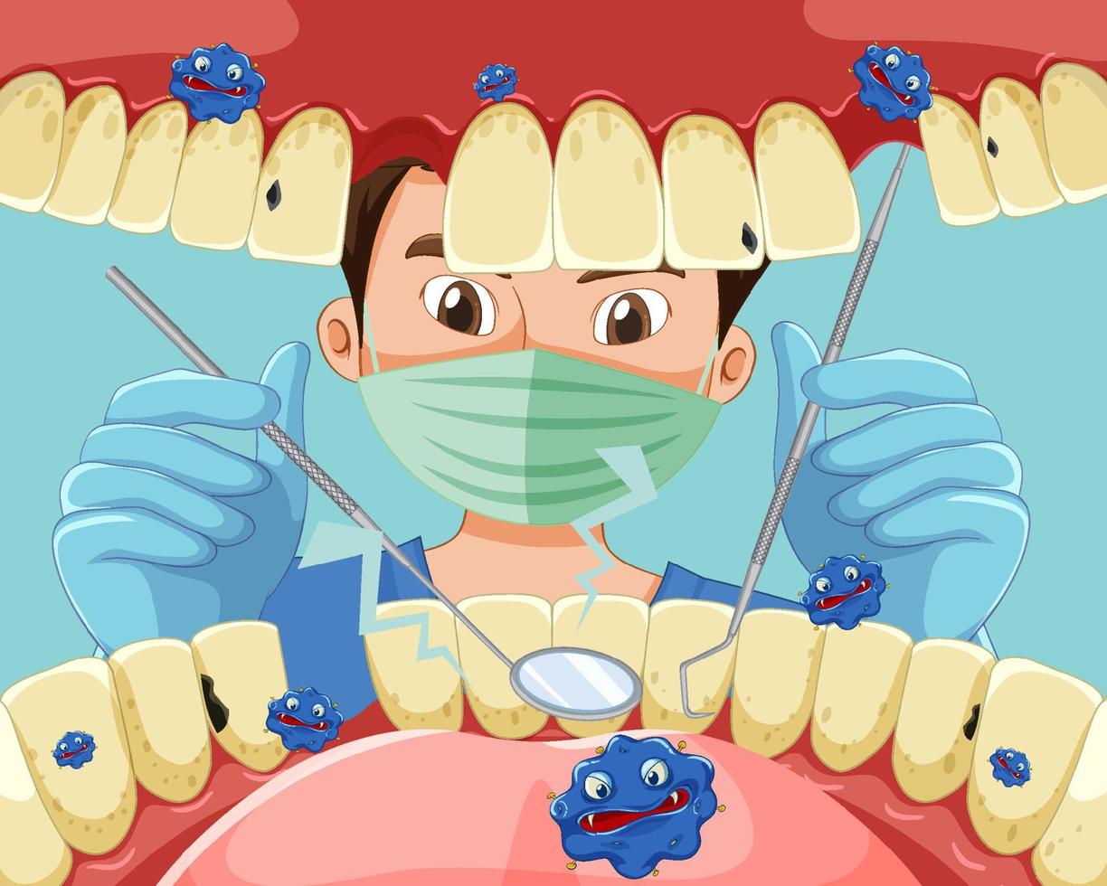 Dentist holding instruments examining patient teeth inside human mouth vector