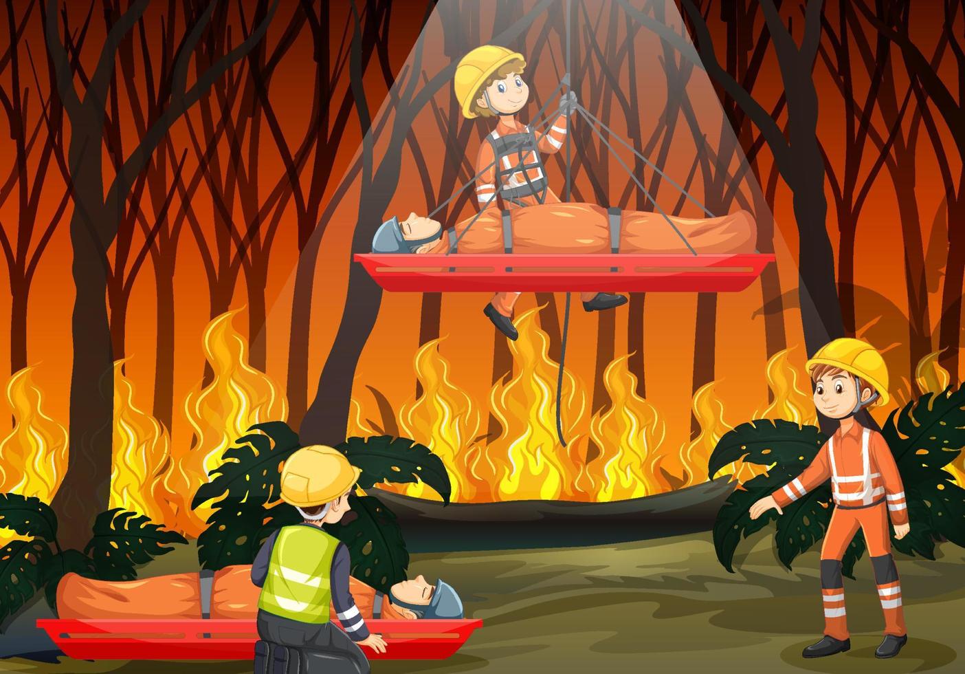 escena de incendios forestales con rescate de bomberos en estilo de dibujos animados vector