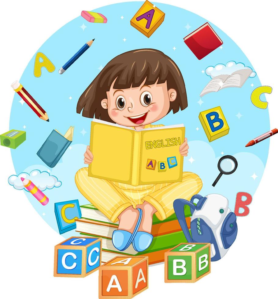 A girl reading books on white background vector