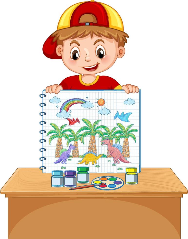 A boy holding notebook with a doodle sketch design on white background vector