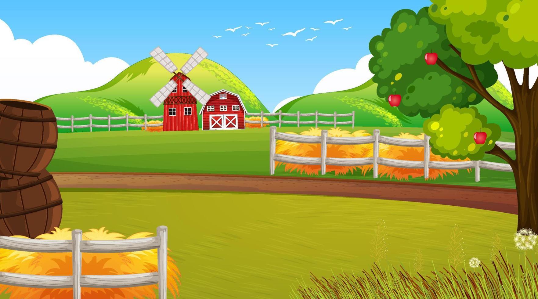 Farm scene with windmill and barn vector