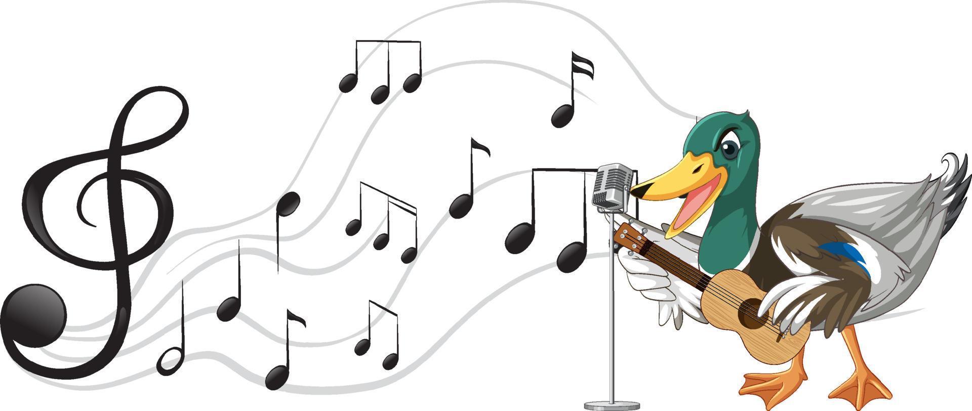 el pato toca la guitarra, el ukelele con nota musical vector