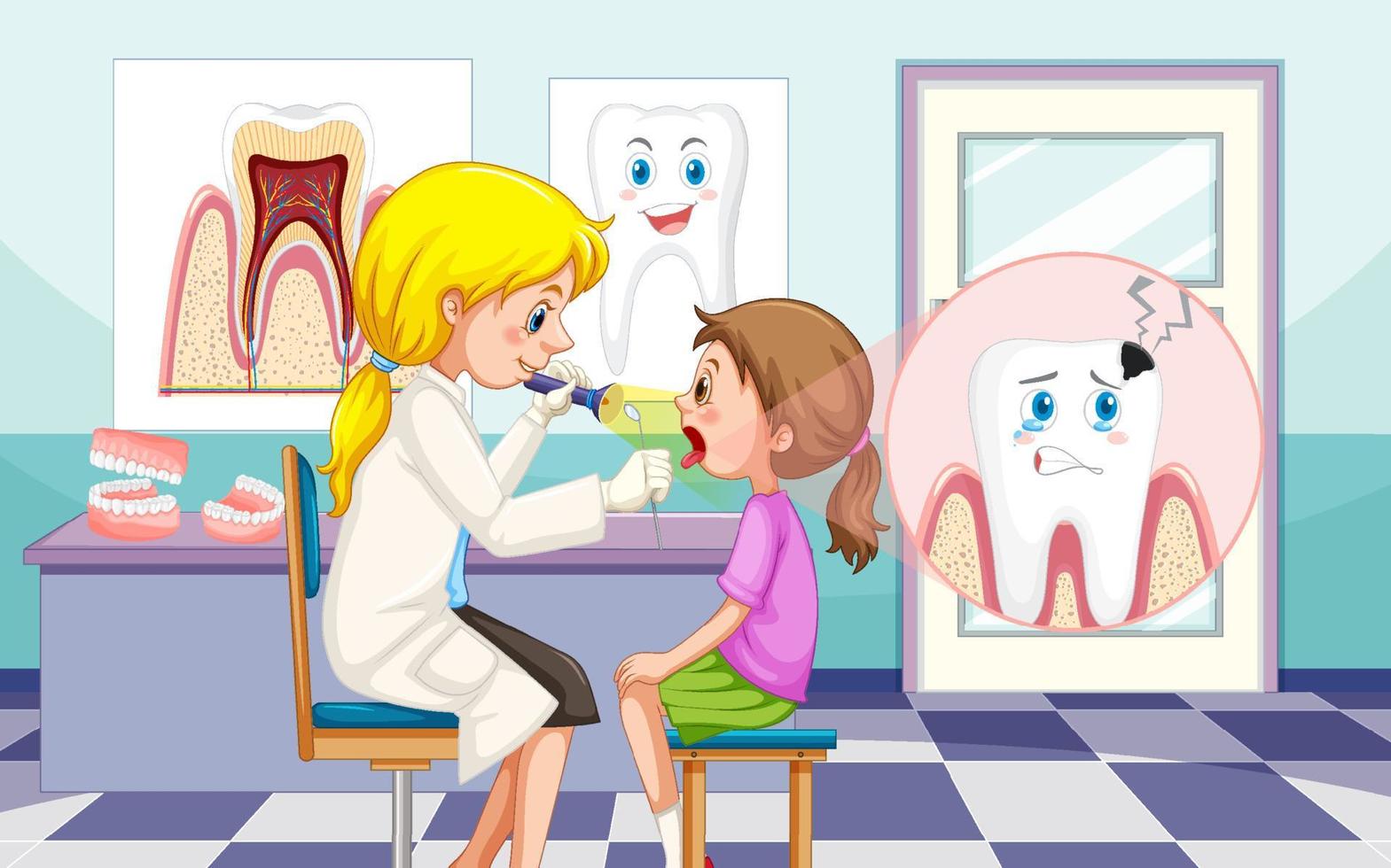 mujer dentista examinando los dientes del paciente en la clínica vector
