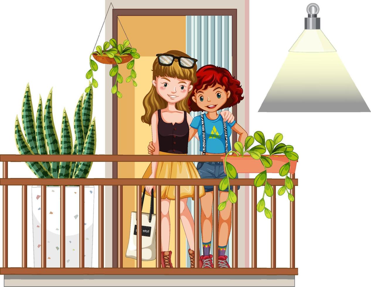 Couple girls standing on the balcony vector