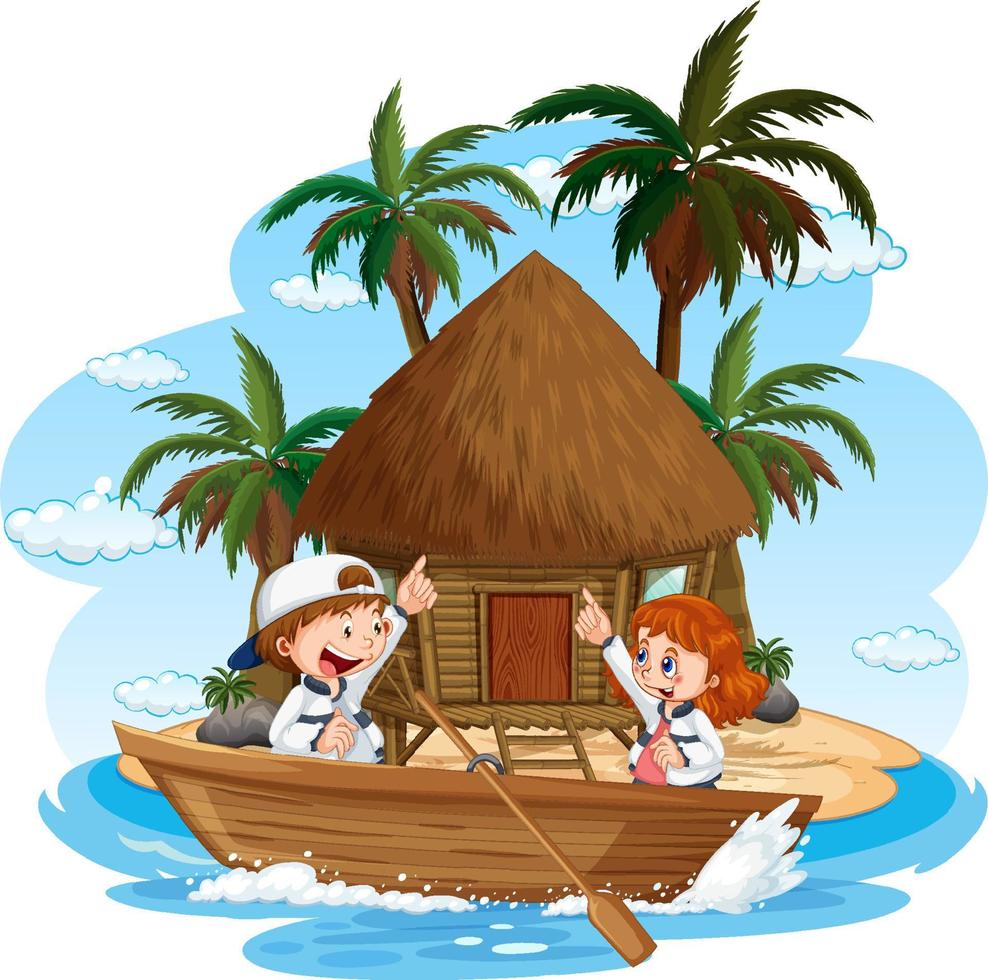 Bungalow on the island with children on wooden boat vector