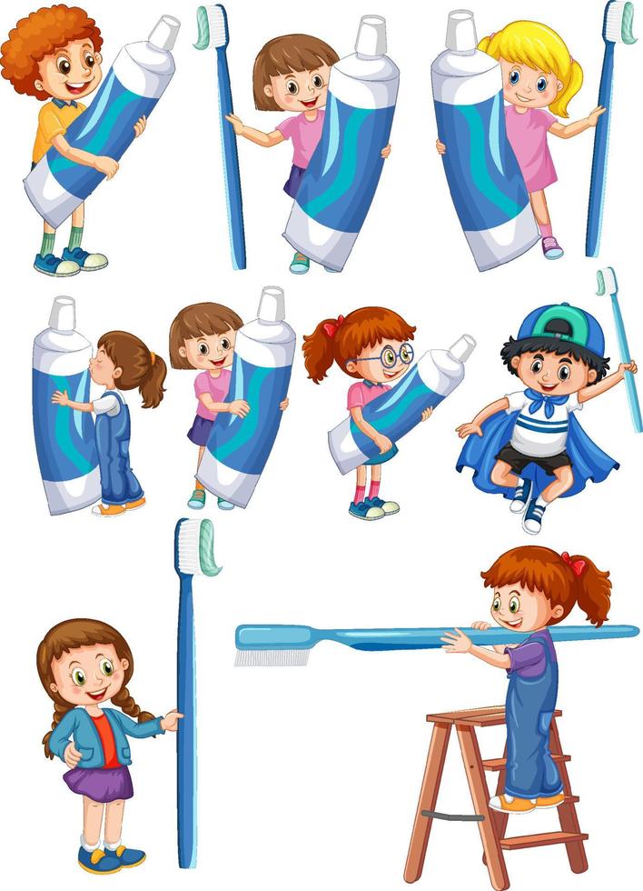 Set of happy kids holding dental cleaning equipment on white background vector