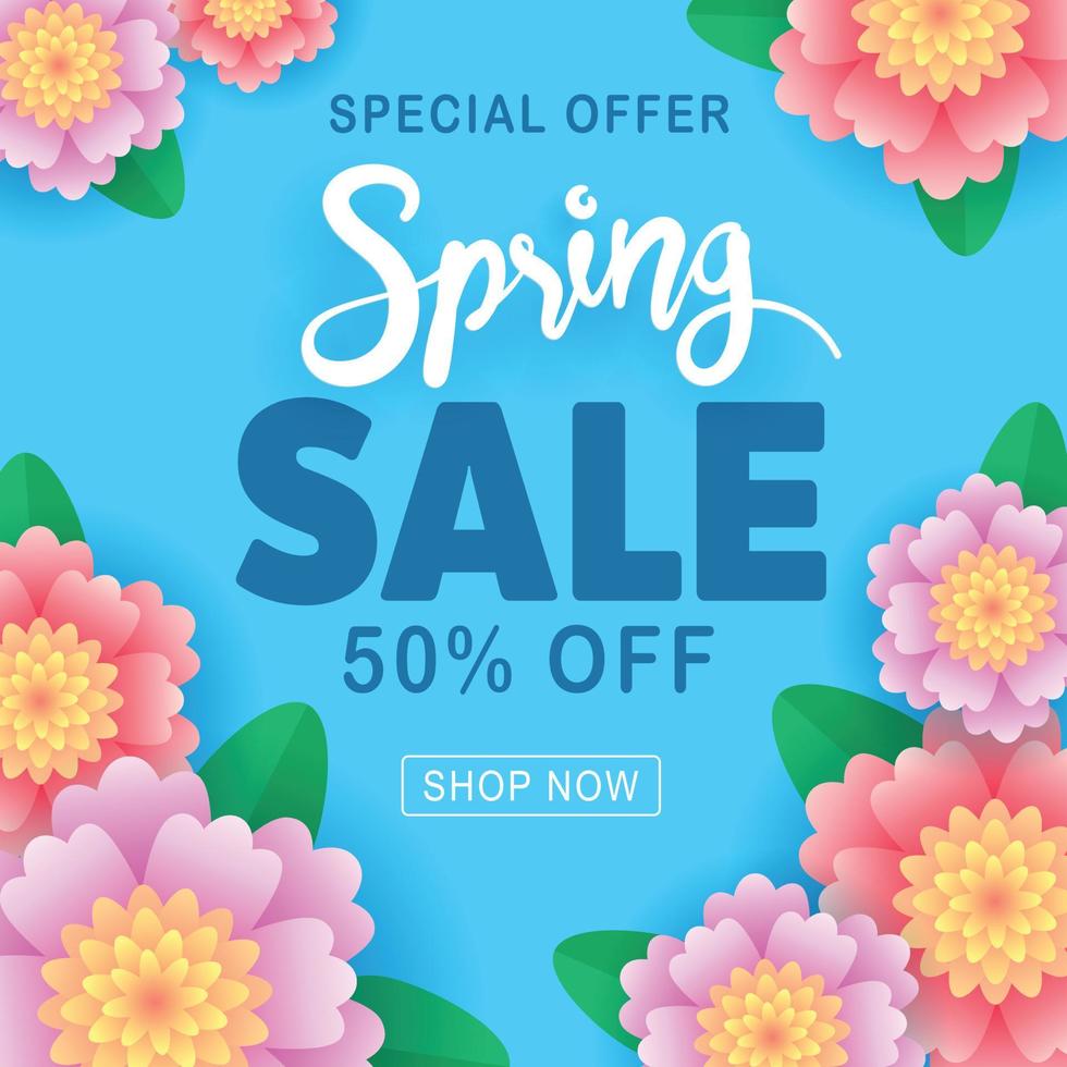 banner de venta de primavera con flores de papel sobre un fondo azul. vector