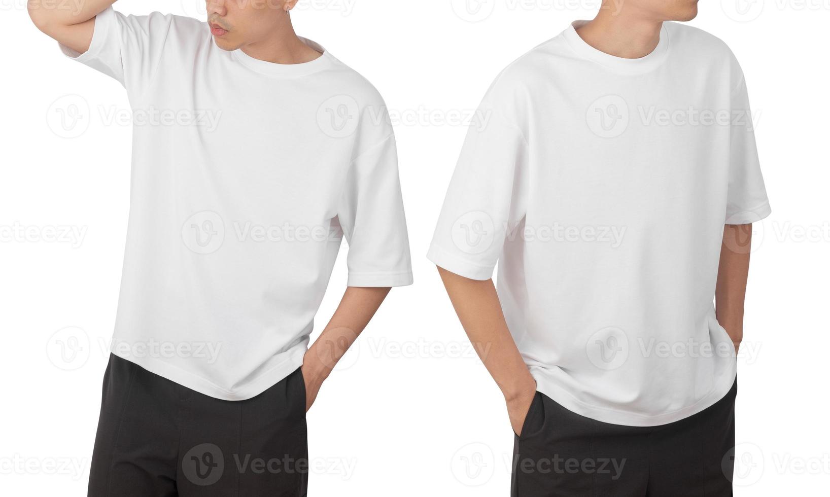 Young man in blank oversize t-shirt mockup front and back used as design template, isolated on white background with clipping path photo