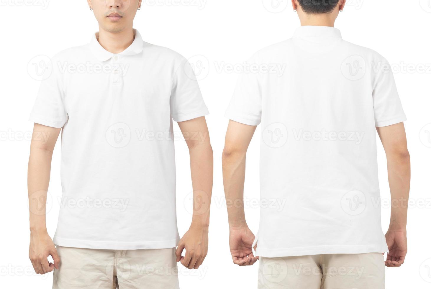 Young man in blank Polo t-shirt mockup front and back used as design template, isolated on white background with clipping path photo