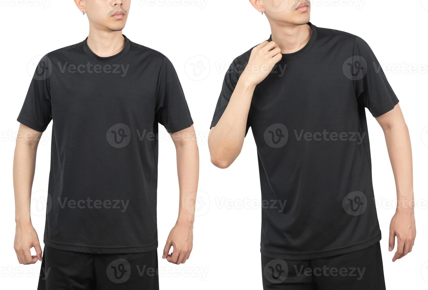 Young man in black sport t-shirt mockup front and back used as design template, isolated on white background with clipping path photo