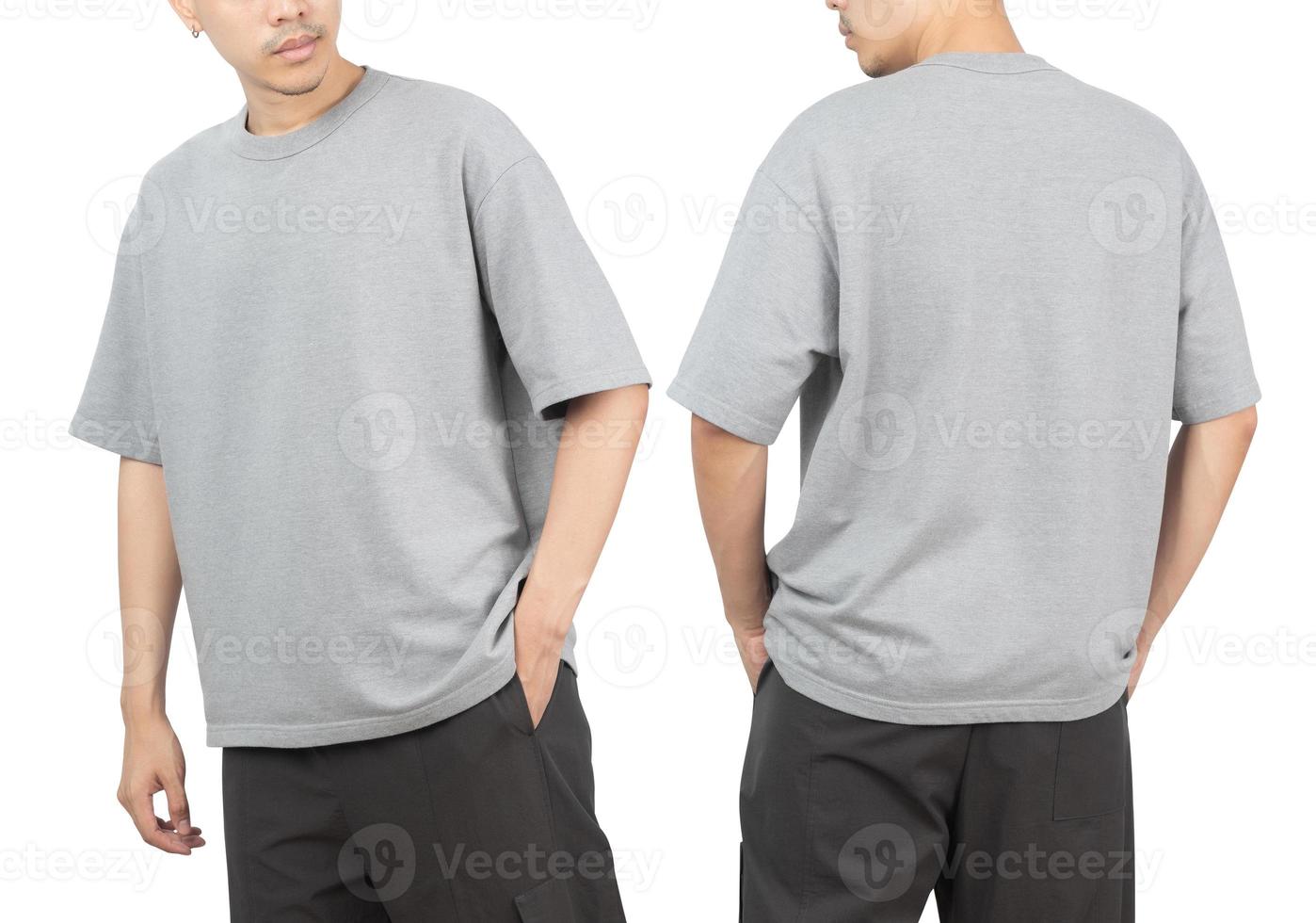 Young man in grey oversize t-shirt mockup front and back used as design template, isolated on white background with clipping path photo