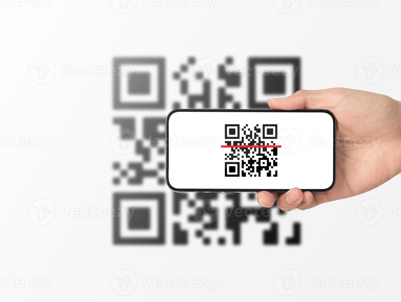 Hand using mobile smart phone scan Qr code. Barcode reader, Qr code payment, Cashless technology, Digital money concept photo