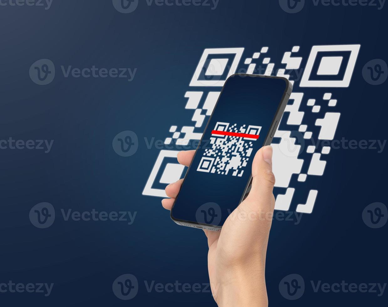 Hand using mobile smart phone scan Qr code. Barcode reader, Qr code payment, Cashless technology, Digital money concept photo