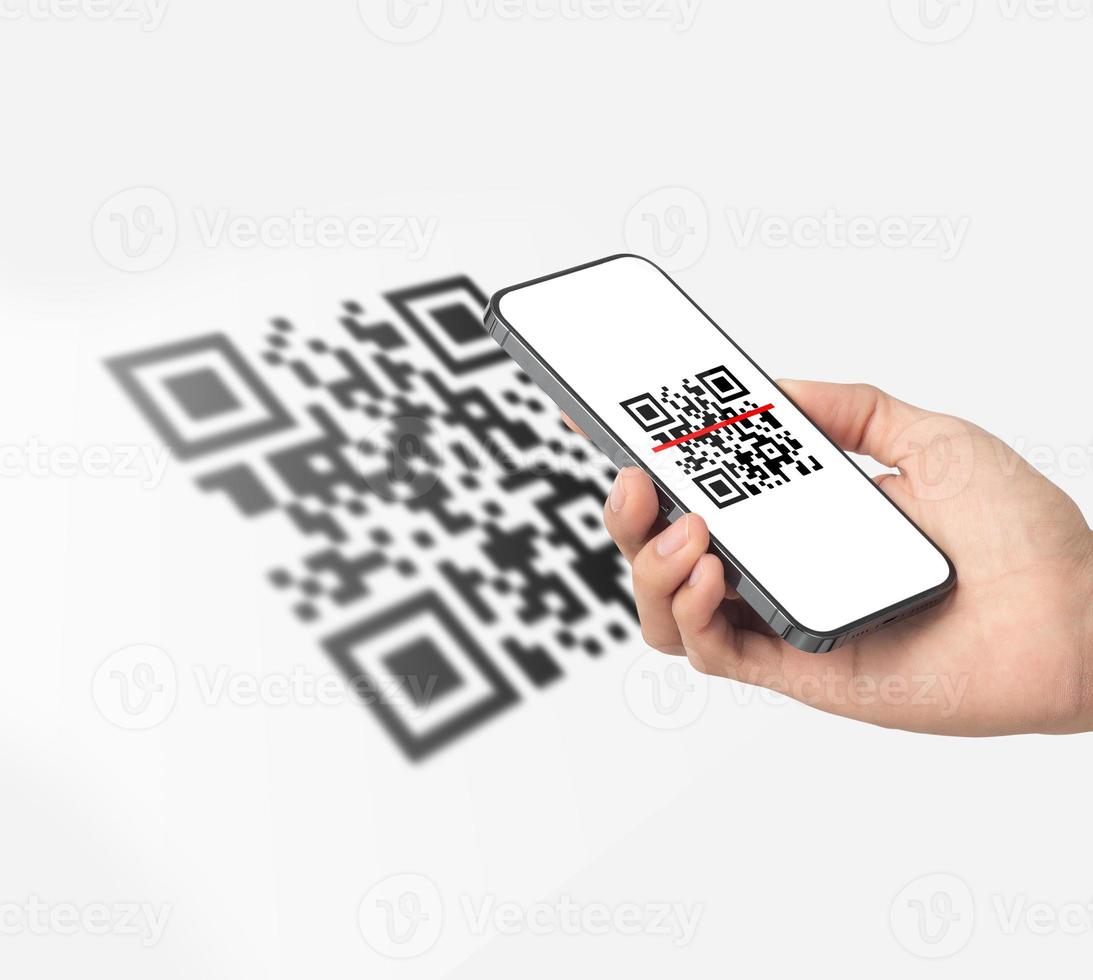 Hand using mobile smart phone scan Qr code. Barcode reader, Qr code payment, Cashless technology, Digital money concept photo