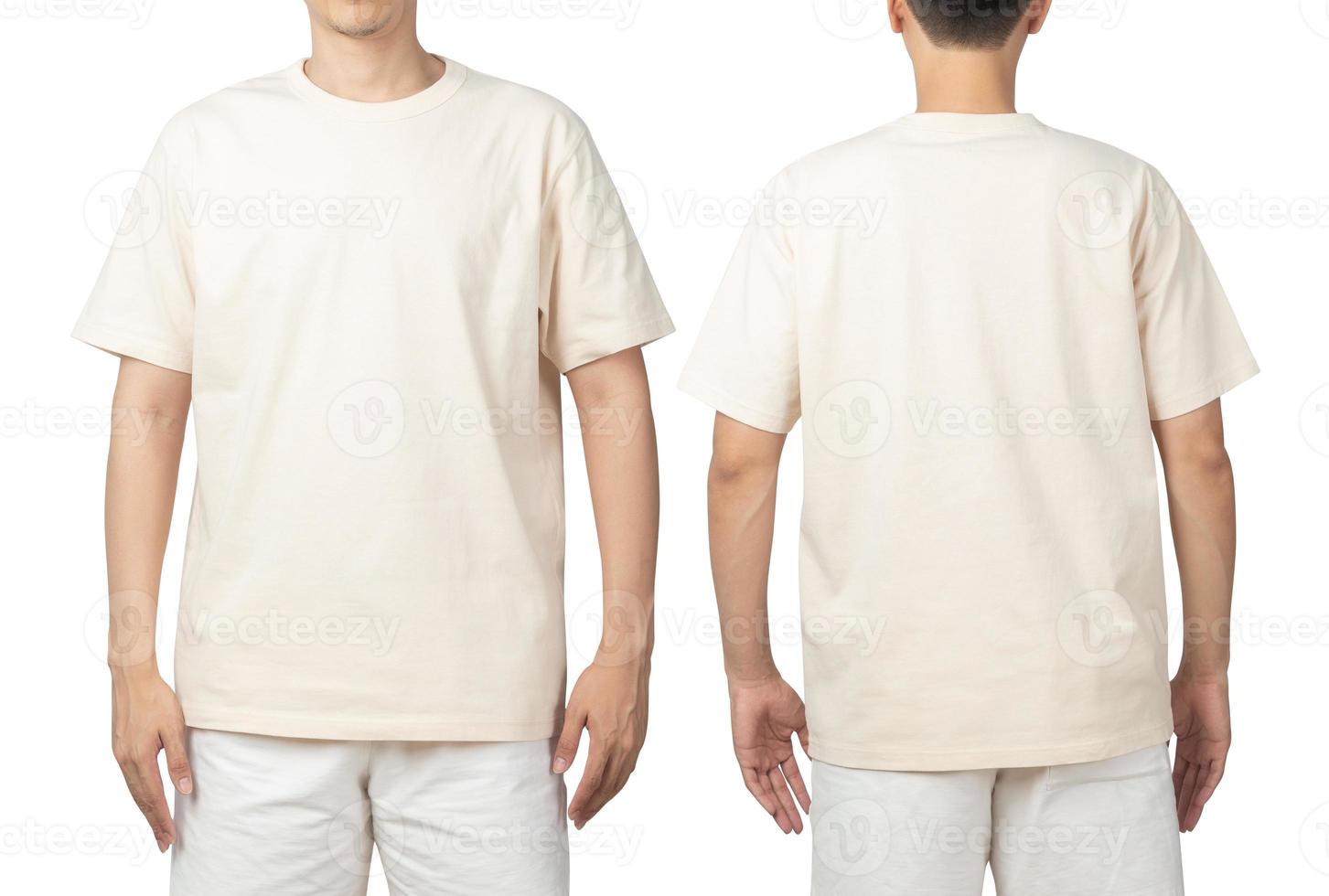 Young man in blank beige t-shirt mockup front and back used as design template, isolated on white background with clipping path photo