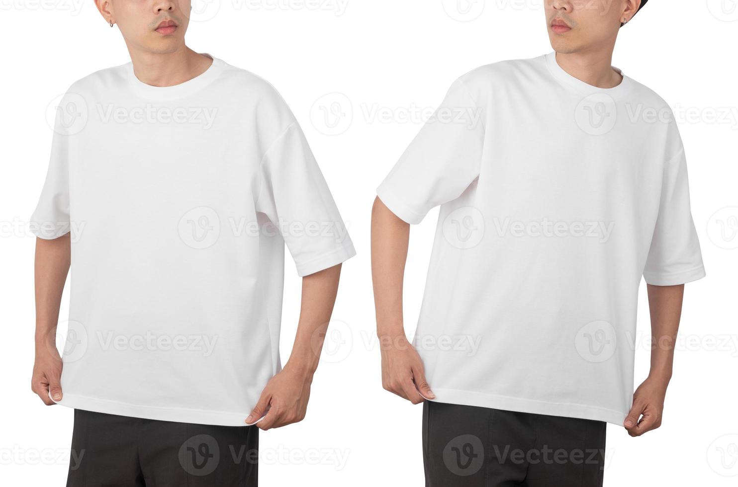 Young man in blank oversize t-shirt mockup front and back used as ...