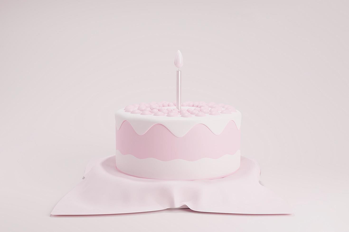 lindo pastel de cumpleaños 3d renderizado ilustración color rosa suave con una vela en el podio de tela, pastel dulce para un cumpleaños sorpresa, día de la madre, día de San Valentín en un fondo rosa. foto